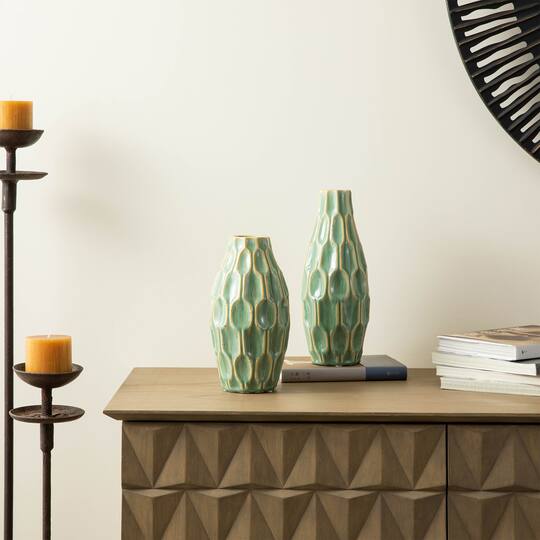 Glitzhome® Geometric Green Ceramic Modern Vase Set